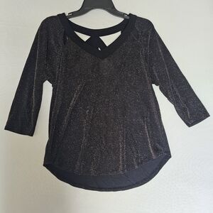 AUW Black Sparkle V-Neck Long Sleeve Top with Crisscross Back